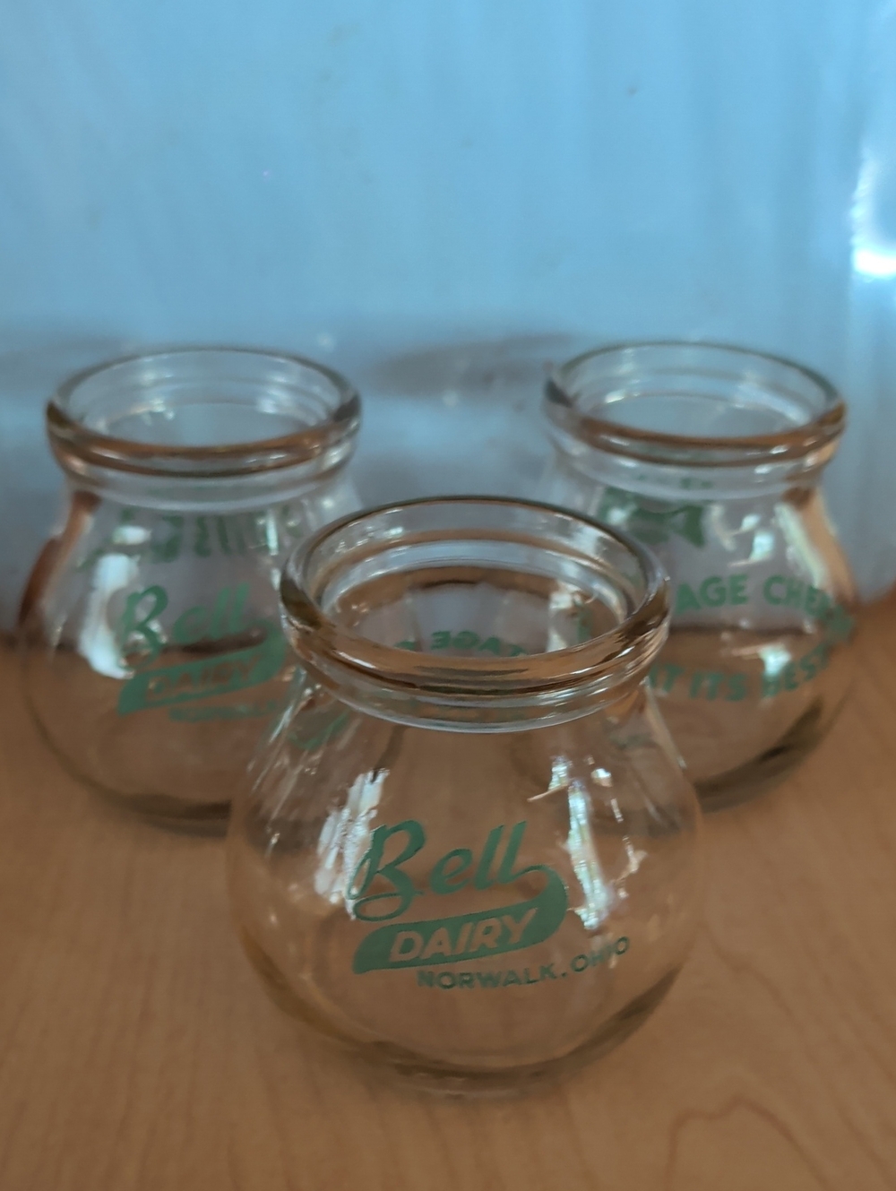 VTG. 3 Bell Dairy Cottage Cheese Jars. From Norwalk, Ohio. #52